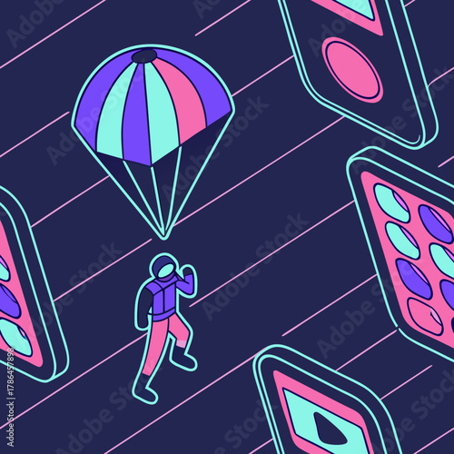 Illustration of a parachutist with a colorful parachute and phones on a dark blue background design