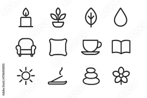 Calm Icon Set. Calm environment. Line outline icon set of calm environment: candle, plant, leaf, water droplet