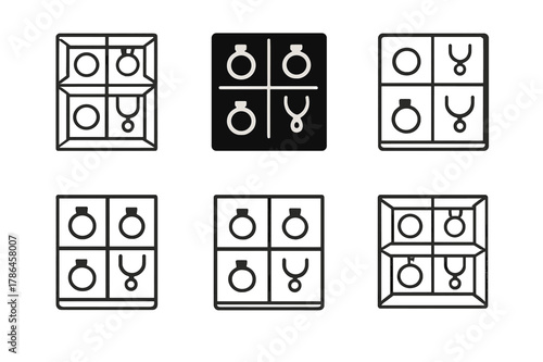Jewelry Drawer Icons. Organizing jewelry in a drawer organizer. Icon set. Set Logo of Organizing jewelry in a drawer organizer: divided drawer box. harmonious
