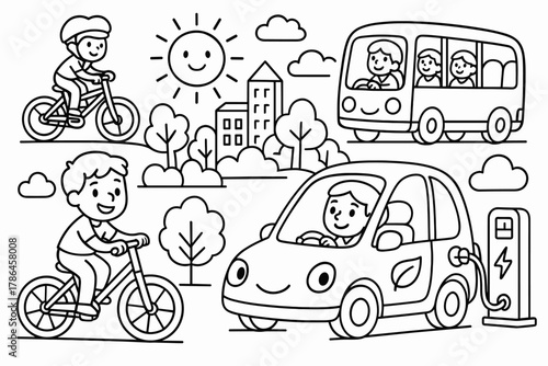 Eco-Friendly Coloring Adventure. Eco-friendly transportation children?s coloring book illustration, outlined