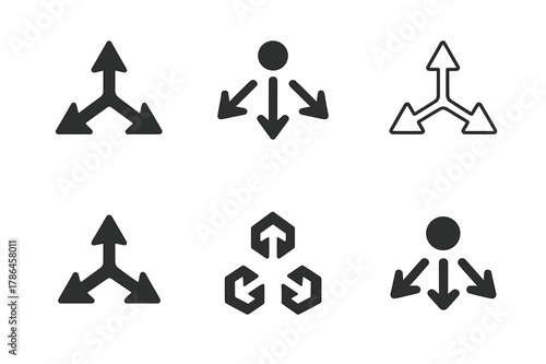 Directional Logo Variations. Recommendation engines. Set Logo of Recommendation engines: directional arrows pointing to a central choice. Icon set. harmonious