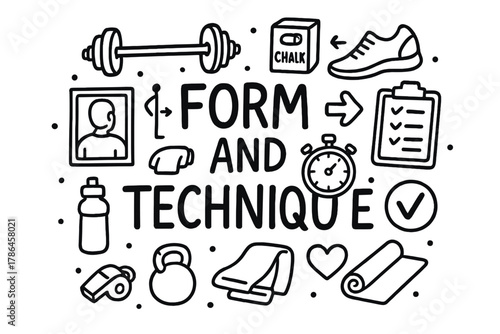 Form and Technique Doodle. Form and Technique. Hand-drawn doodle illustration of Form and Technique. barbell,