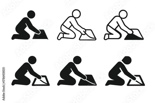 Rug Straightening Icons. Straightening a rug. Set Logo of straightening a rug: person kneeling to flatten rug corner. Icon set. harmonious logo variations of
