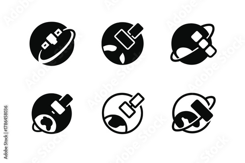 Space Logo Variations. Space Exploration. Set Logo of Space Exploration: satellite orbiting Earth. Icon set. harmonious logo variations of the same emblematic