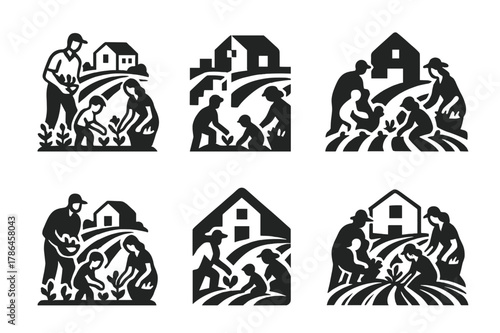Garden Harvest Logos. A family picking fresh vegetables from their garden in the countryside. Set Logo of a family picking fresh vegetables from their garden