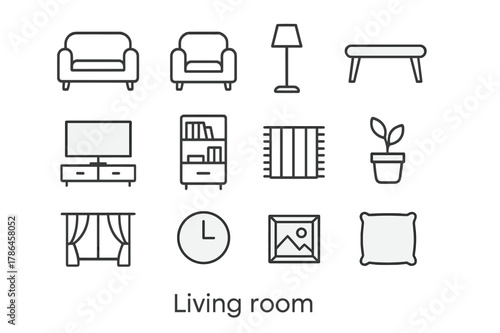 Living Room Icons. Living Room. Line icon set of Living Room: sofa, armchair, floor lamp, coffee table, TV, bookshelf, rug, plant pot, window curtains, clock,