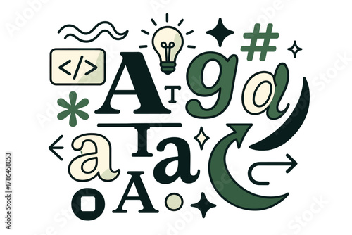 Dynamic Typography Art. Lettering experimentation. Glowing typographic shapes floating dynamically, abstract