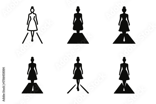 Fashion Show Icons. Runway shows. Set Logo of Runway shows: fashion designer silhouette. Icon set. harmonious logo variations of the same emblematic concept,