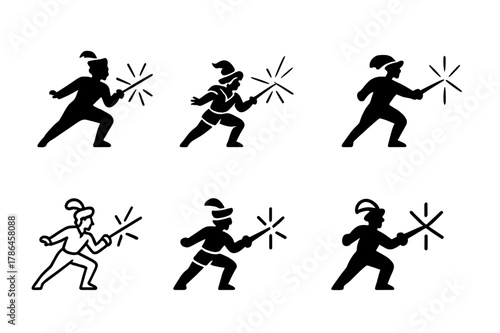 Dramatic Sword Fight Logos. An actor performing a dramatic sword fight on stage. Set Logo of An actor performing a dramatic sword fight on stage: fencing foils