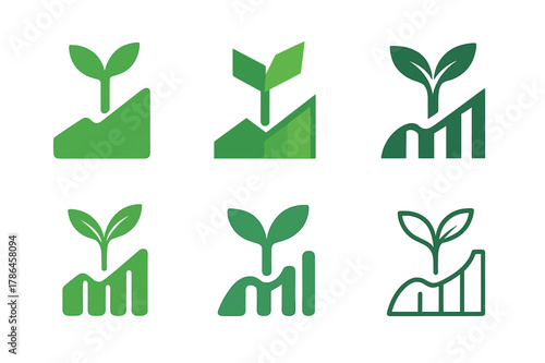 Green Bonds Emblems. Green bonds. Icon set. Set Logo of green bonds: sprouting plant emerging from a yield chart. harmonious logo variations of the same