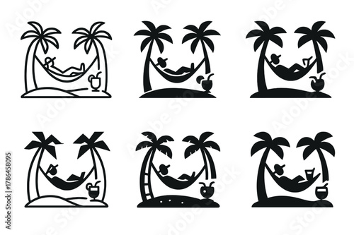 Tropical Hammock Icons. A traveler relaxing in a hammock between two palm trees, on a tropical island. Icon set. Set Logo of A traveler relaxing in a hammock
