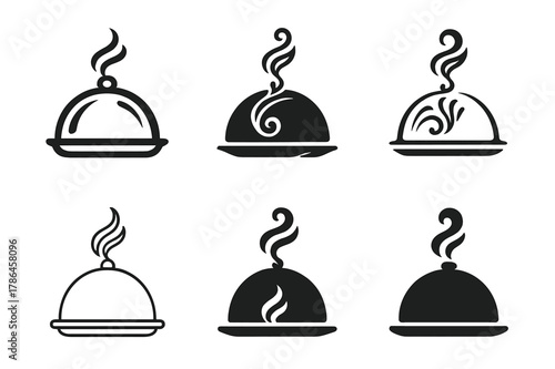 Cloche Service Logos. Private chef and catering services. Set Logo of cloche service: domed cloche with steam swirl. Icon set. harmonious logo variations of