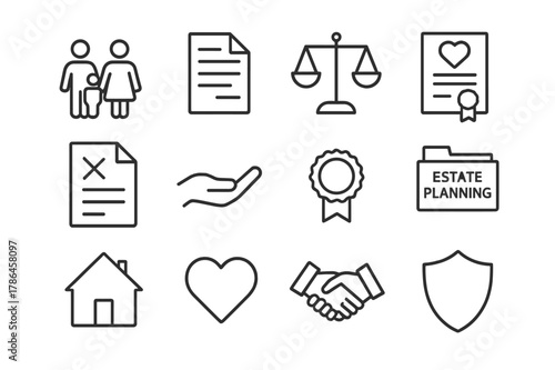 Family Law Icon Set. Family and Personal Law. Line icon set of Family and Personal Law: family silhouette, legal document, custody scale, marriage certificate,
