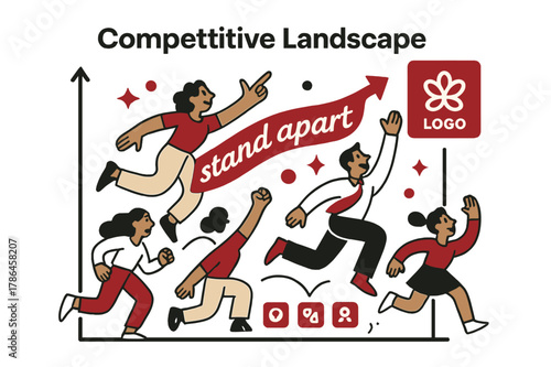 Competitive Advantage Visualized. Pitch Deck ? Competitive Landscape. A graph positions your logo at a high corner; small icons represent rivals below. Ribbon
