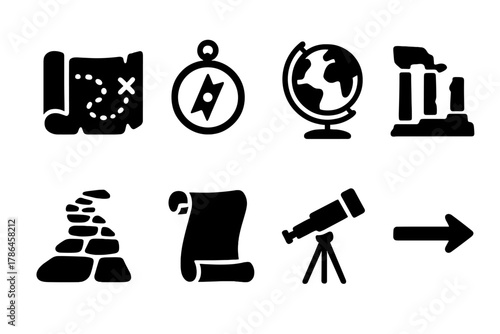 Historic Icons Collection. Historical maps. Filled icon set of Historical maps: map, compass, globe, ruins,