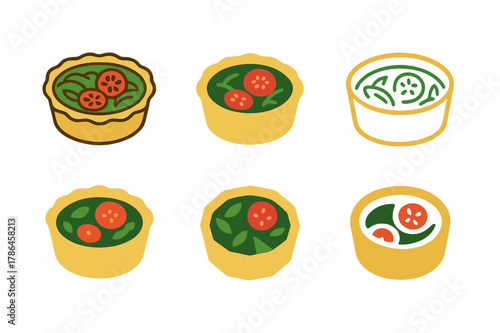 Vegetable Quiche Logos. Vegetable quiche. Set Logo of Vegetable quiche: tart filled with spinach and tomato. harmonious logo variations of the same emblematic