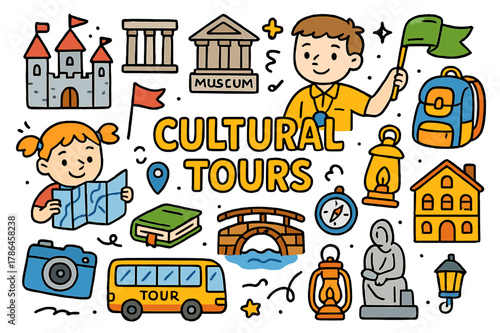 Cultural Tour Adventure. cultural tours. Colorful Hand-drawn doodle Children illustration cultural tours castle, museum, ancient monument, guide, map, flag,