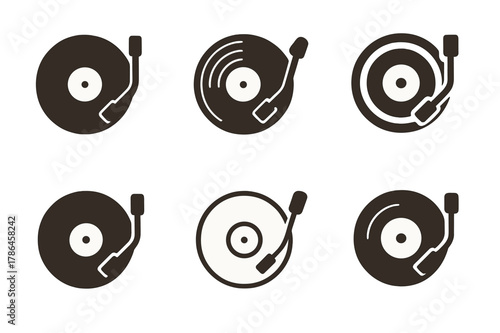Analog Music Icons. Analog music experiences like vinyl records and live performances. Icon set. Set Logo of Analog music experiences like vinyl records and