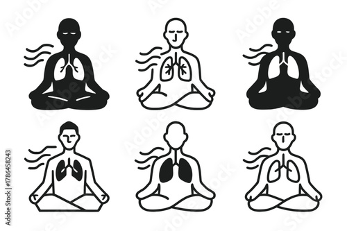 Mindfulness Logos Collection. A person practicing mindfulness and breathing exercises for self-improvement. Set Logo of A person practicing mindfulness and