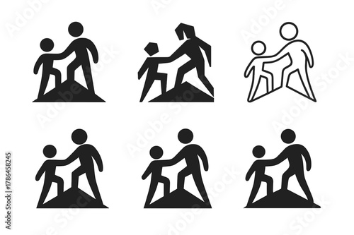 Career Coaching Logos. Personalized career coaching. Set Logo of personalized career coaching: mentor figure guiding a smaller silhouette upward. Icon set.