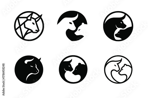 Cryptocurrency Emblem Variations. Cryptocurrency markets. Set Logo of Cryptocurrency markets: bull and bear. Icon set. harmonious logo variations of the same
