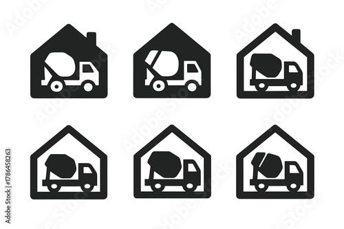 Concrete Mixer Grid. Concrete truck drivers delivering materials to sites. Set Logo of residential site house outline with mixer: Iconic shape, Flat solid,