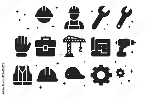 Industrial Icons Grid. Industrial Labor. Solid icons set of Industrial Labor: hard hat, construction worker, hammer, wrench, gloves, toolbox, crane, blueprint,