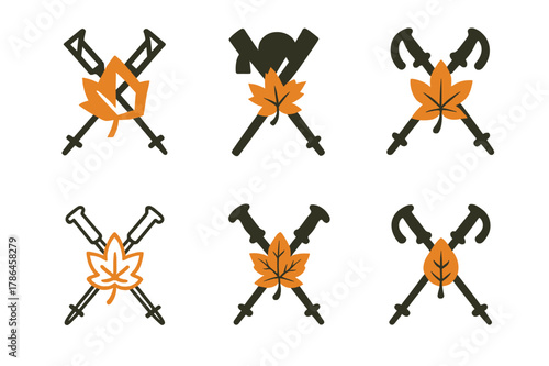 Fall Hiking Icon Set. Outdoor activities like hiking in the fall. Icon set. Set Logo of outdoor activities like hiking in the fall: trekking poles with fallen