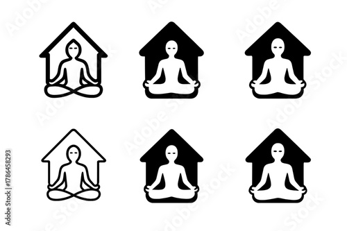 Home Fitness Logos. Fitness at home. Icon set. Set Logo of Fitness at home: meditation and breathing symbol. harmonious logo variations of the same emblematic