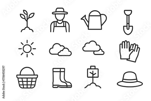 Young Orchard Icons. Young orchard. Line outline icon set of young orchard: saplings, farmer, watering can,