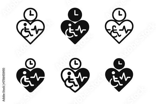 Adaptive Fitness Icons. Adaptive fitness and exercise routines. Icon set. Set Logo of adaptive fitness and exercise routines: heart-rate monitor and timer.