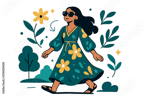 Bohemian Park Stroll. A young woman wearing a boho-chic dress and oversized sunglasses. Woman strolling through park wearing flowing bohemian dress and