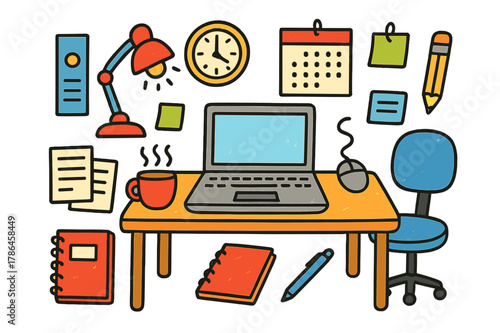 Colorful Workstation Doodles. workstation. Colorful Hand-drawn doodle Children illustration workstation laptop, desk, chair, coffee cup, notebook, pen,