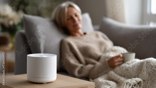 Mature woman lying on a couch, holding a cup, relaxing at home with a white diffuser on a wooden table nearby