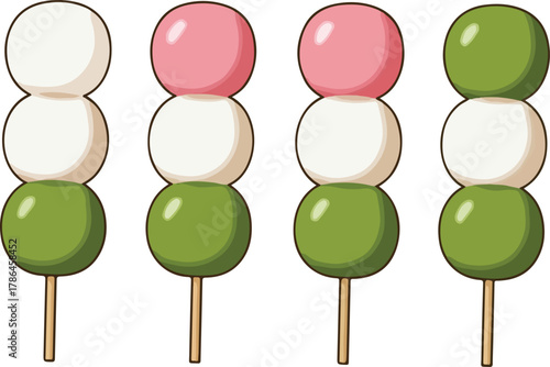 Vector Illustration Set of Sanbongi Dango Skewers Traditional Japanese Sweet Rice Dumplings