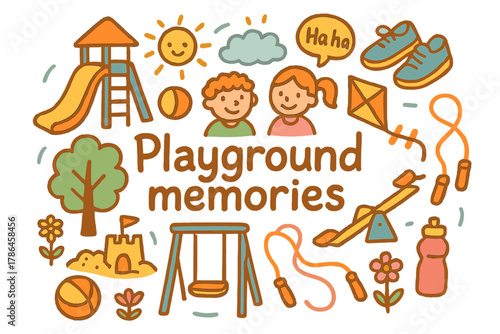 Playground Fun Doodle. Playground memories. Hand-drawn doodle illustration of Playground memories. Slide,