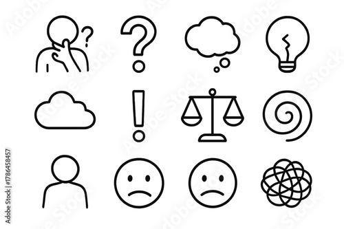 Overcoming Doubt Icons. Overcoming doubt. Line icon set of overcoming doubt: person thinking, question mark, thought bubble, broken light bulb,