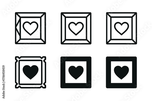 Heart Motif Logos. DIY home decor projects and tutorials. Set Logo of picture frame: handcrafted frame with heart motif. Icon set. harmonious logo variations