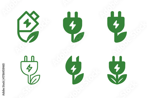 Sustainable Energy Icons. Sustainable energy startups. Icon set. Set Logo of Sustainable energy startups: EV charging plug. harmonious logo variations of the