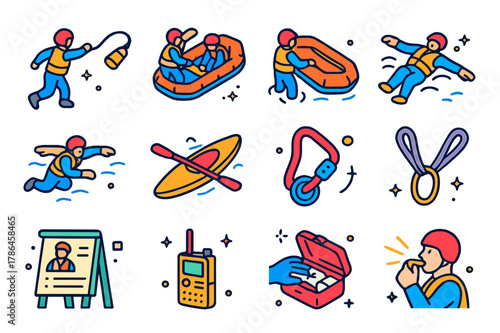 Raft Safety Icons. Raft safety and rescue. Colorful isometric vector icons set of Raft safety and rescue: throw bag toss, flip drill practice, re-righting