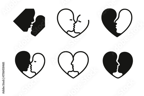 Harmonious Love Logos. Love and affection. Set Logo of Love and affection: Kiss. harmonious logo variations of the same emblematic concept, each with different