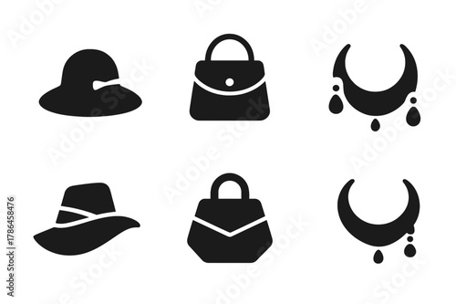 Stylized Accessory Logos. Personal Appearance. Set Logo of Accessories Icon: Filled silhouette, Minimal outline, Abstract geometric, Negative space, Stylized