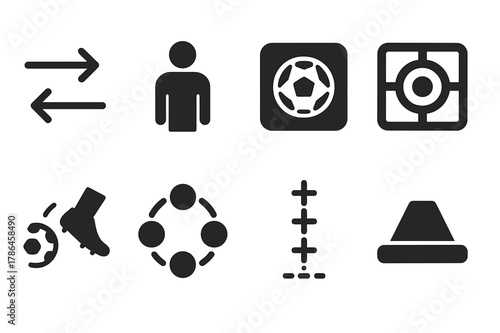 Soccer Passing Drills Icons. Passing drills. Filled icon set of passing drills: passing arrows, teammate