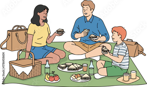 Happy Family Enjoying Outdoor Picnic Lunch Together on Green Blanket Illustration