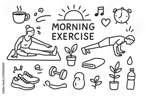 Morning Exercise Doodle. Morning exercise. Hand-drawn doodle illustration morning exercise sunrise, yoga mat, stretching figure, push-ups, dumbbell, coffee
