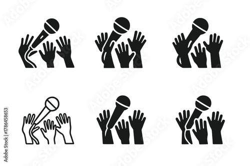 Karaoke Logo Variations. Karaoke events and competitions. Set Logo of karaoke events and competitions: audience hands reaching for mic. Icon set. harmonious