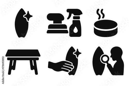 Surfboard Finishing Icons. Surfboard finishing. Filled icon set of surfboard finishing: polished surfboard,