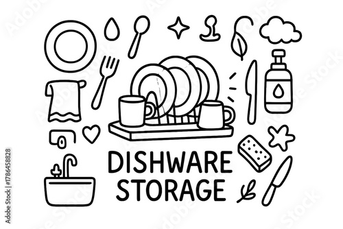 Dishware Doodle Delight. Dishware Storage. Hand-drawn doodle illustration of Dishware Storage. In the middle,
