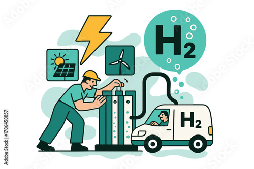 Green Hydrogen Illustration. Green Hydrogen Production. Electrolyzer stacks hum; bubbles lift into an ?H?? badge while a lightning icon feeds from solar and