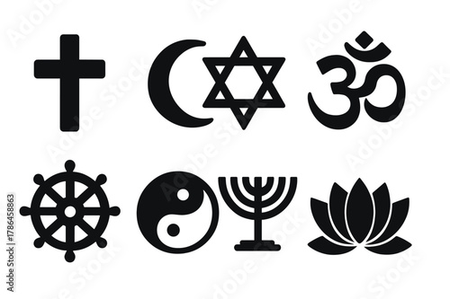 Religious Symbols Grid. Religious symbols. Filled icon set of religious symbols: cross, crescent moon, star of